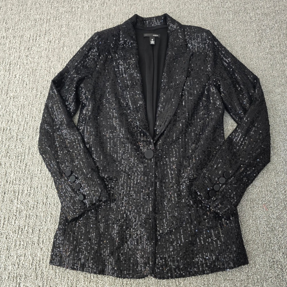 AQUA XS Black Sequin Tuxedo Blazer Jacket Party Cocktail Holiday Glam